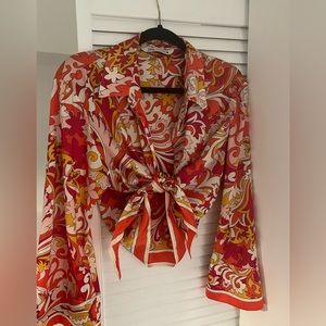 Zara Multi Print Bell Sleeve Silk Tie Shirt